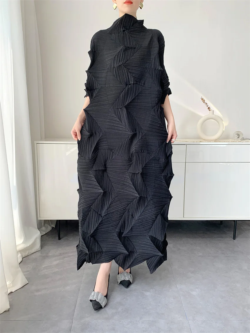 LANMREM Pleated Long Dress For Women Elastic Loose Irregular Pleated Stand Collar Pullover Famale Clothing Half Sleeve 2DB4256