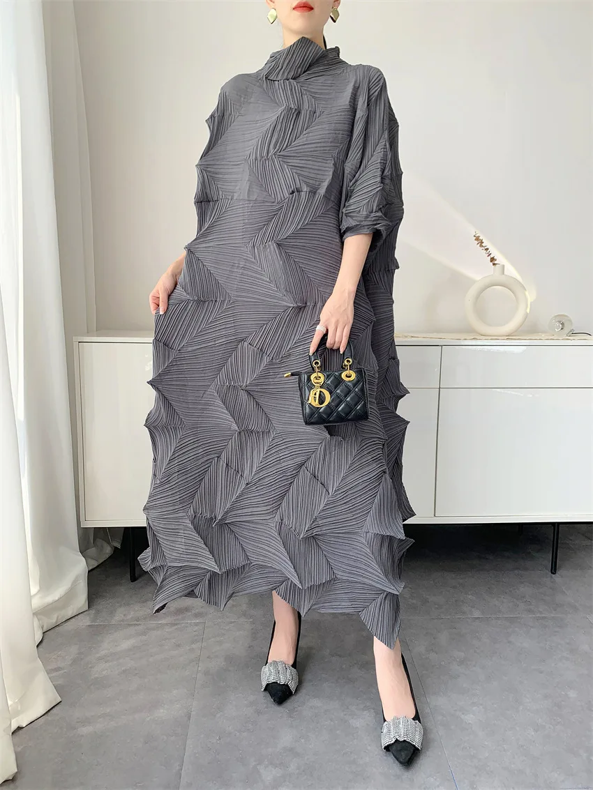 LANMREM Pleated Long Dress For Women Elastic Loose Irregular Pleated Stand Collar Pullover Famale Clothing Half Sleeve 2DB4256