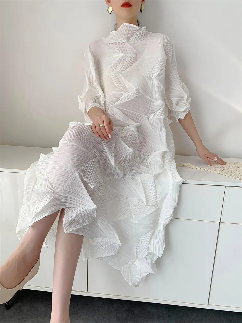 LANMREM Pleated Long Dress For Women Elastic Loose Irregular Pleated Stand Collar Pullover Famale Clothing Half Sleeve 2DB4256