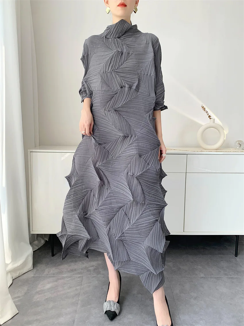 LANMREM Pleated Long Dress For Women Elastic Loose Irregular Pleated Stand Collar Pullover Famale Clothing Half Sleeve 2DB4256
