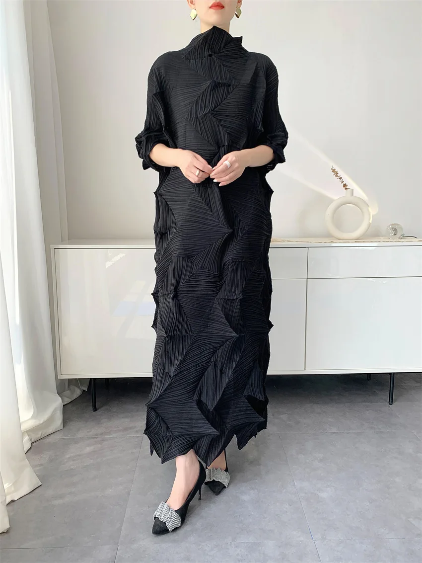 LANMREM Pleated Long Dress For Women Elastic Loose Irregular Pleated Stand Collar Pullover Famale Clothing Half Sleeve 2DB4256