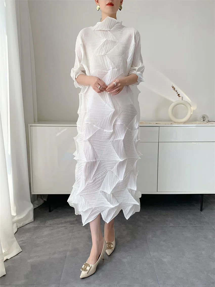 LANMREM Pleated Long Dress For Women Elastic Loose Irregular Pleated Stand Collar Pullover Famale Clothing Half Sleeve 2DB4256