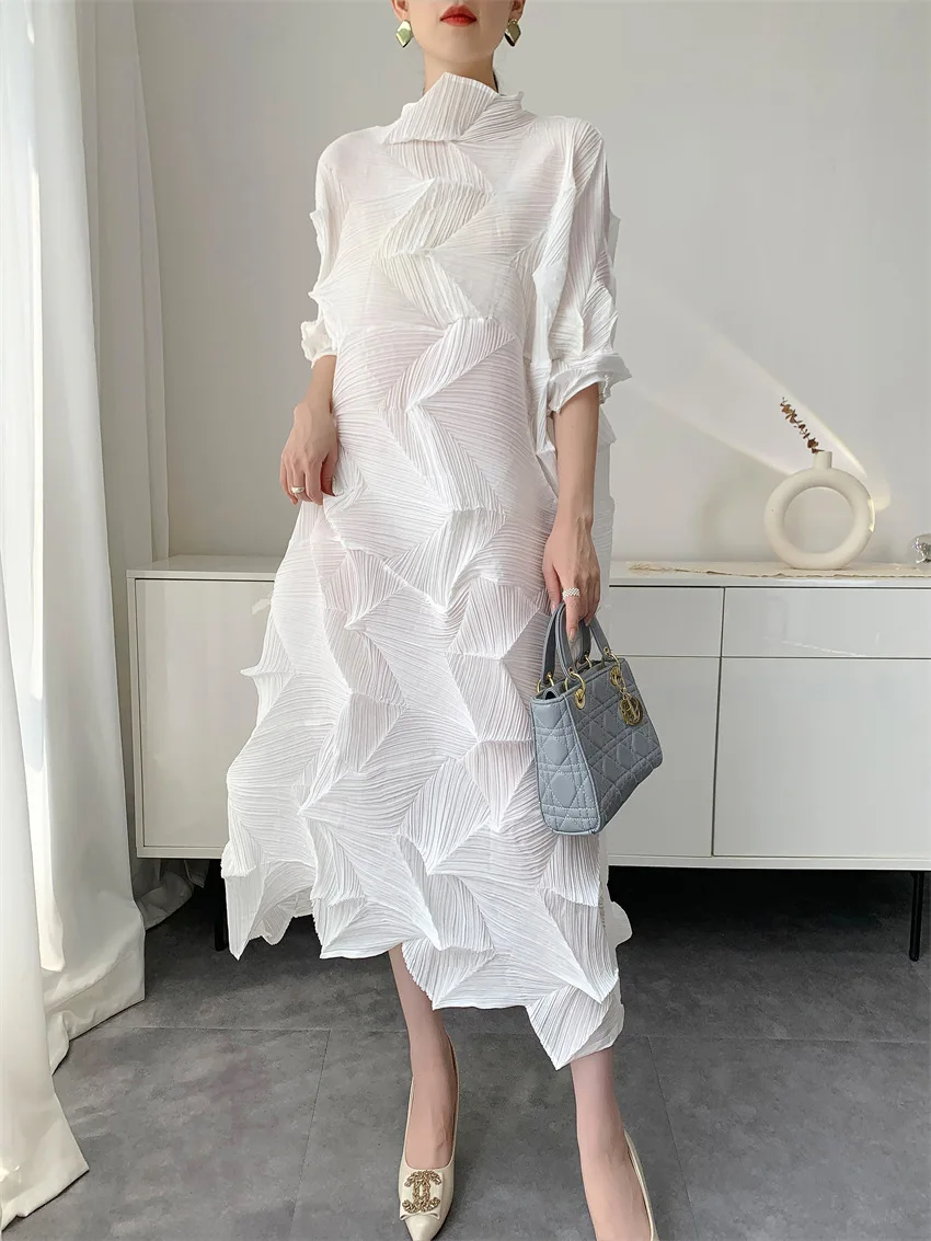 LANMREM Pleated Long Dress For Women Elastic Loose Irregular Pleated Stand Collar Pullover Famale Clothing Half Sleeve 2DB4256