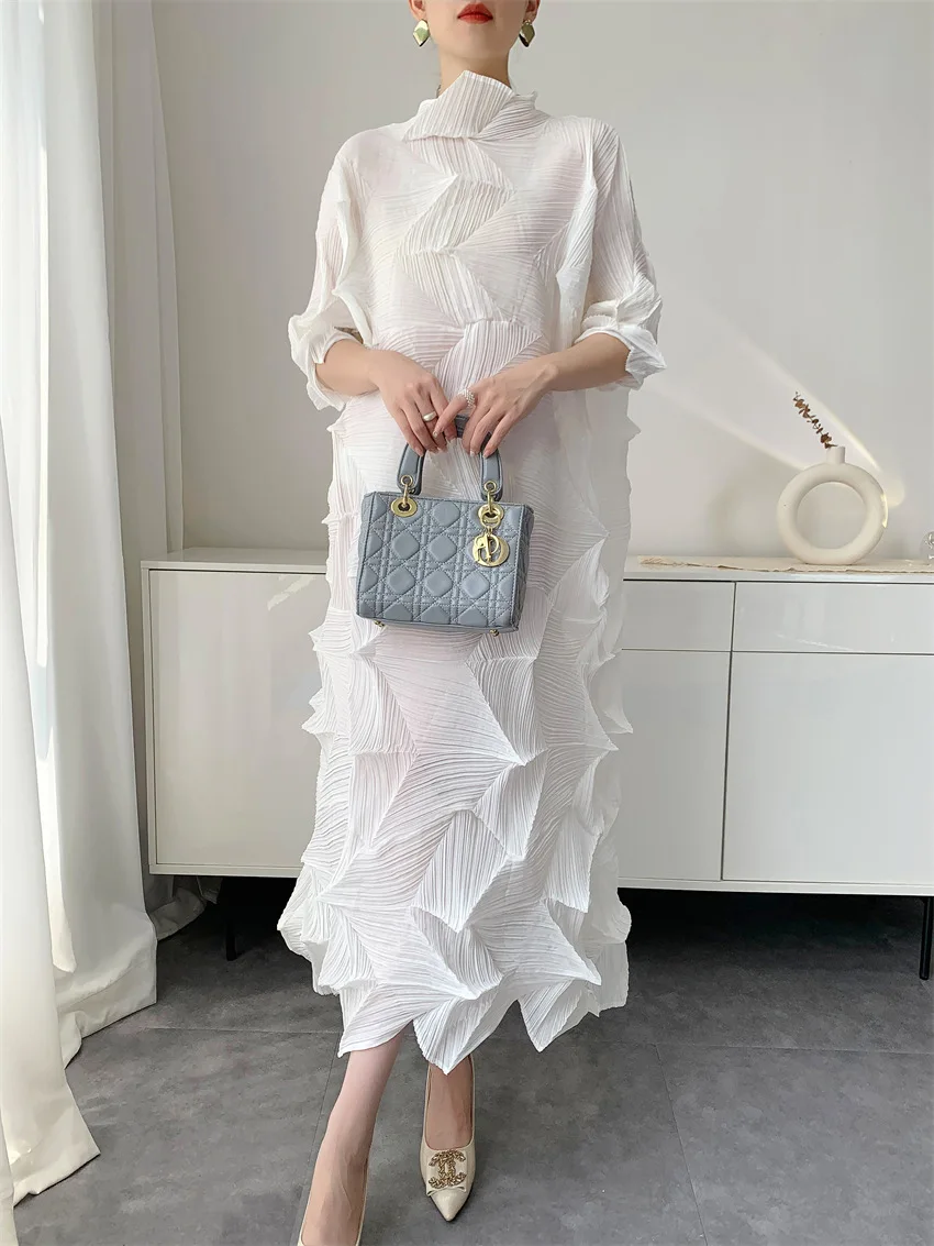 LANMREM Pleated Long Dress For Women Elastic Loose Irregular Pleated Stand Collar Pullover Famale Clothing Half Sleeve 2DB4256