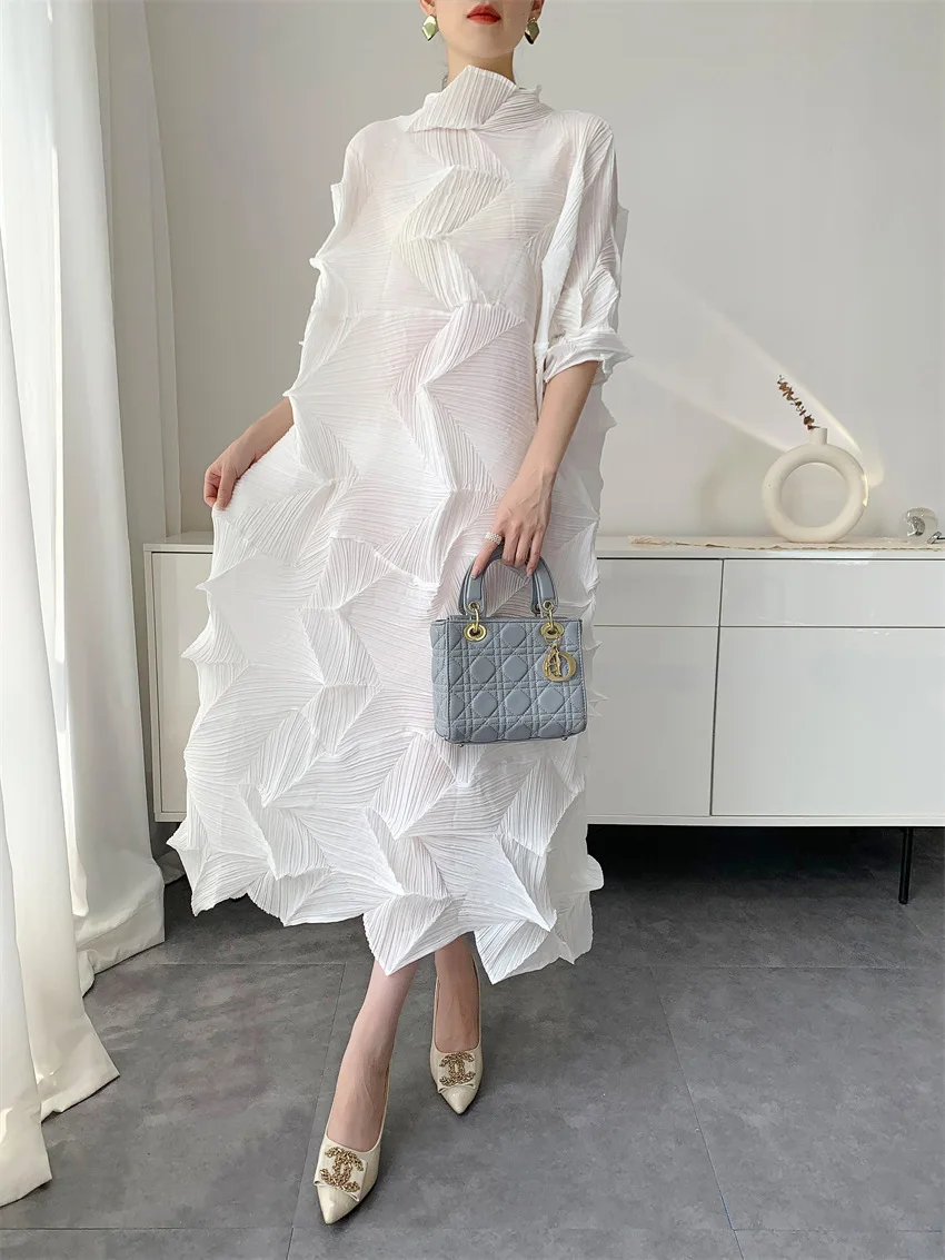 LANMREM Pleated Long Dress For Women Elastic Loose Irregular Pleated Stand Collar Pullover Famale Clothing Half Sleeve 2DB4256