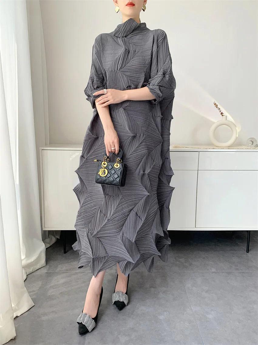 LANMREM Pleated Long Dress For Women Elastic Loose Irregular Pleated Stand Collar Pullover Famale Clothing Half Sleeve 2DB4256