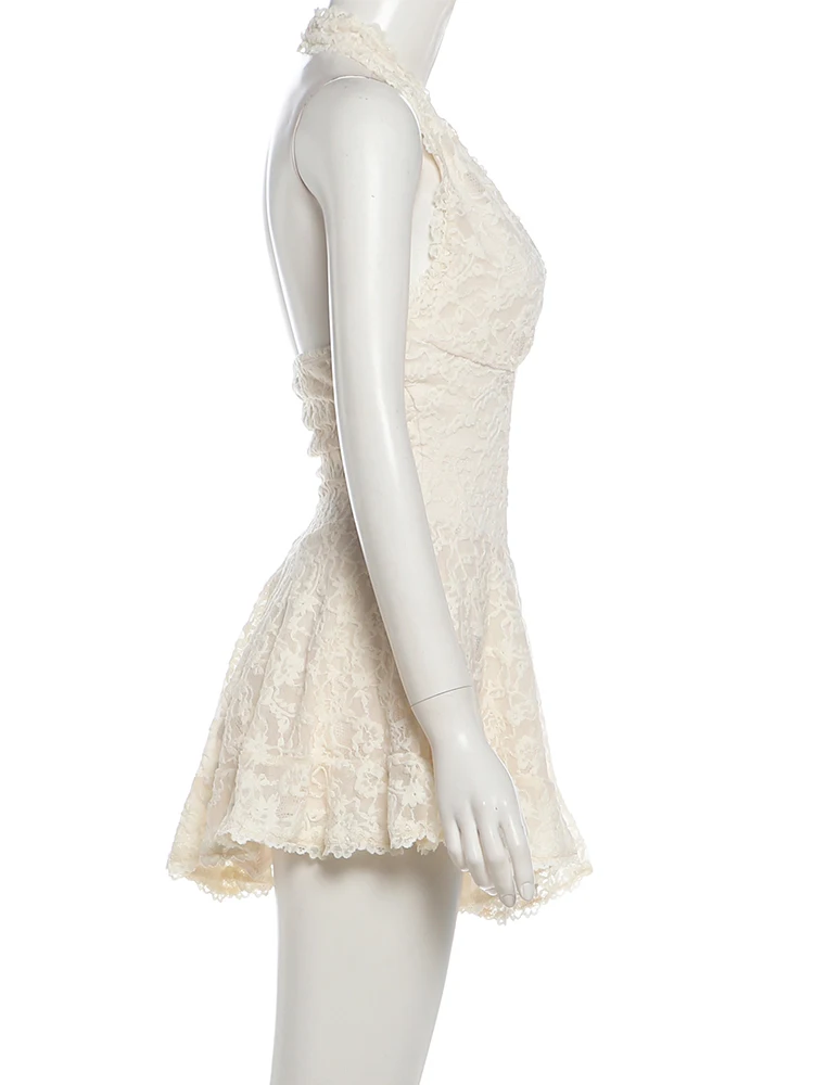 Whatiwear Prom Party Dress Women Fashion Jacquard Halter v-Neck Backless Lace Skinny Folds Sleeveless Elegant Chic Mini Bodycon