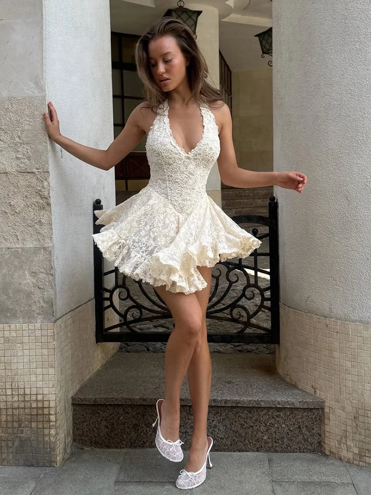 Whatiwear Prom Party Dress Women Fashion Jacquard Halter v-Neck Backless Lace Skinny Folds Sleeveless Elegant Chic Mini Bodycon
