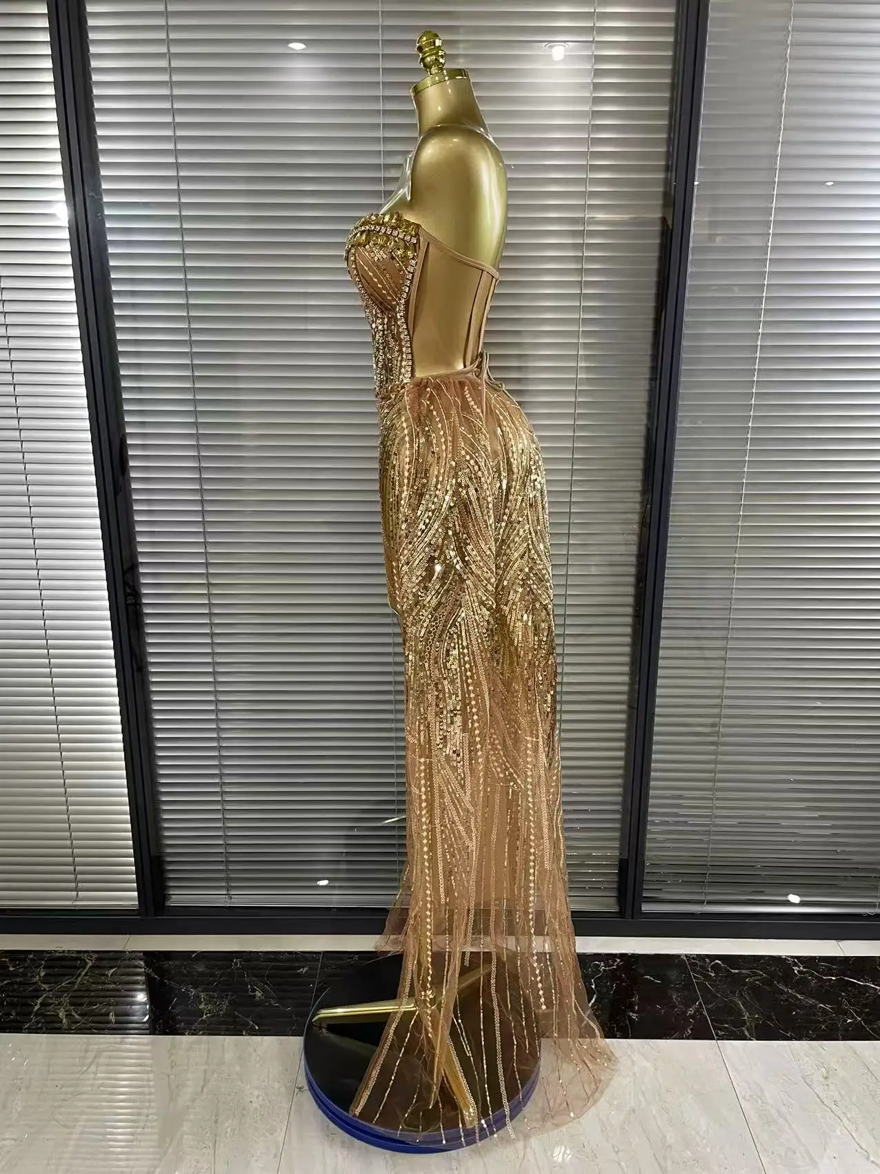 Women Sexy Strapless Mesh Crystal Maxi Dress See Through Party Singer Maxi Dress Stage Performance Costume