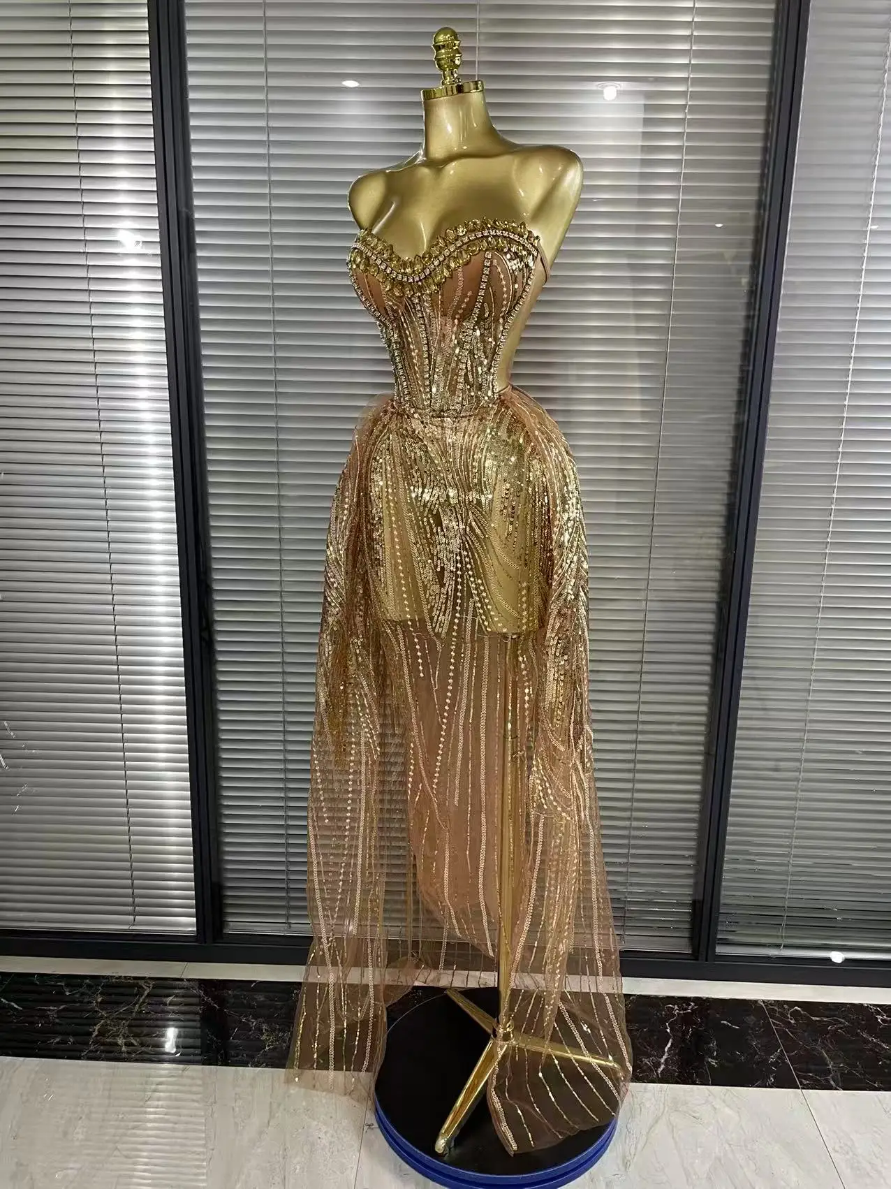 Women Sexy Strapless Mesh Crystal Maxi Dress See Through Party Singer Maxi Dress Stage Performance Costume