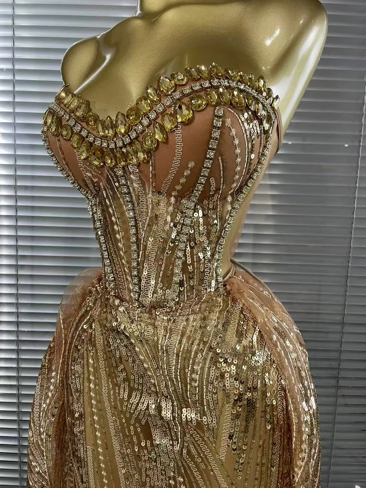 Women Sexy Strapless Mesh Crystal Maxi Dress See Through Party Singer Maxi Dress Stage Performance Costume
