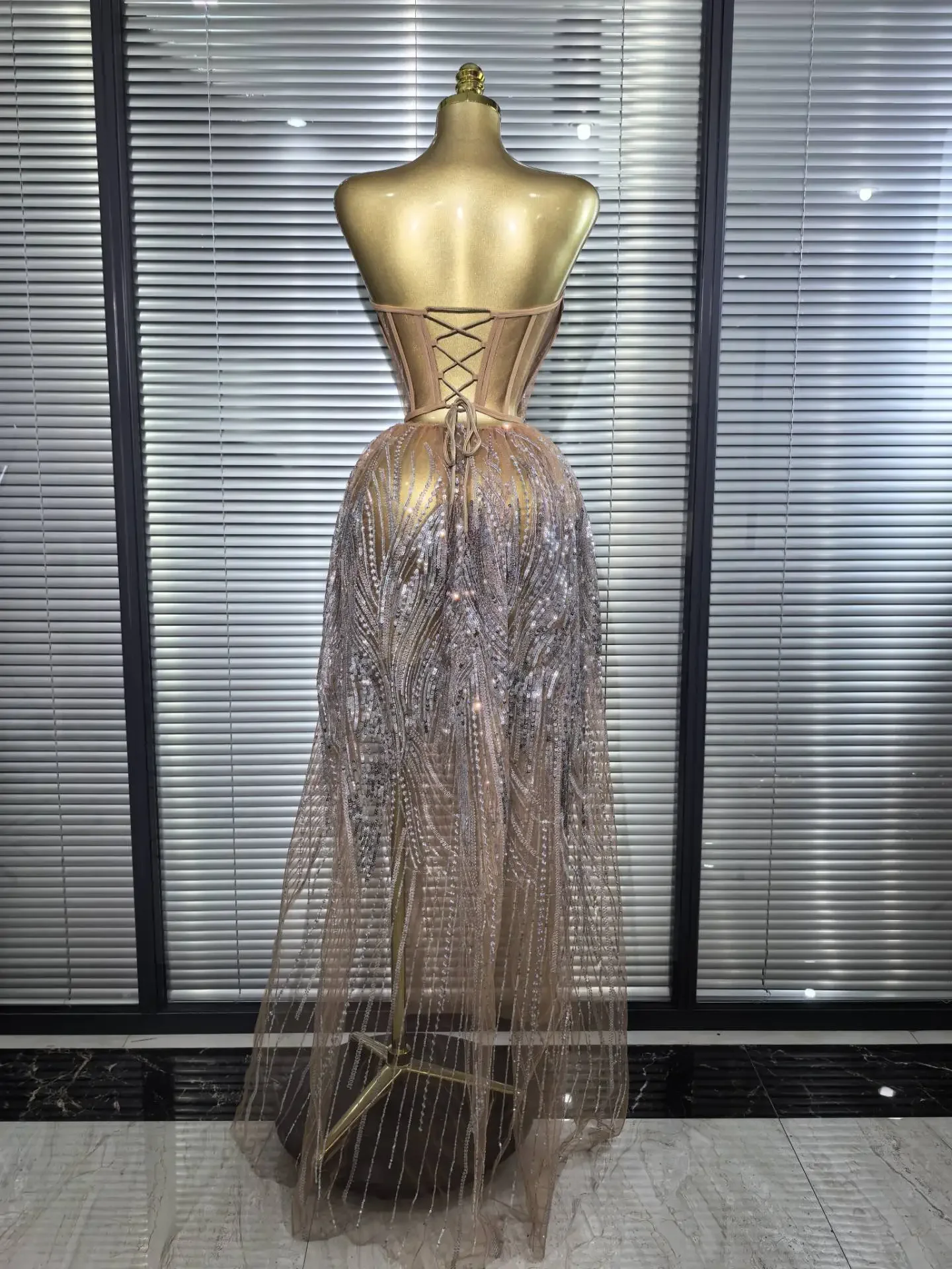 Women Sexy Strapless Mesh Crystal Maxi Dress See Through Party Singer Maxi Dress Stage Performance Costume