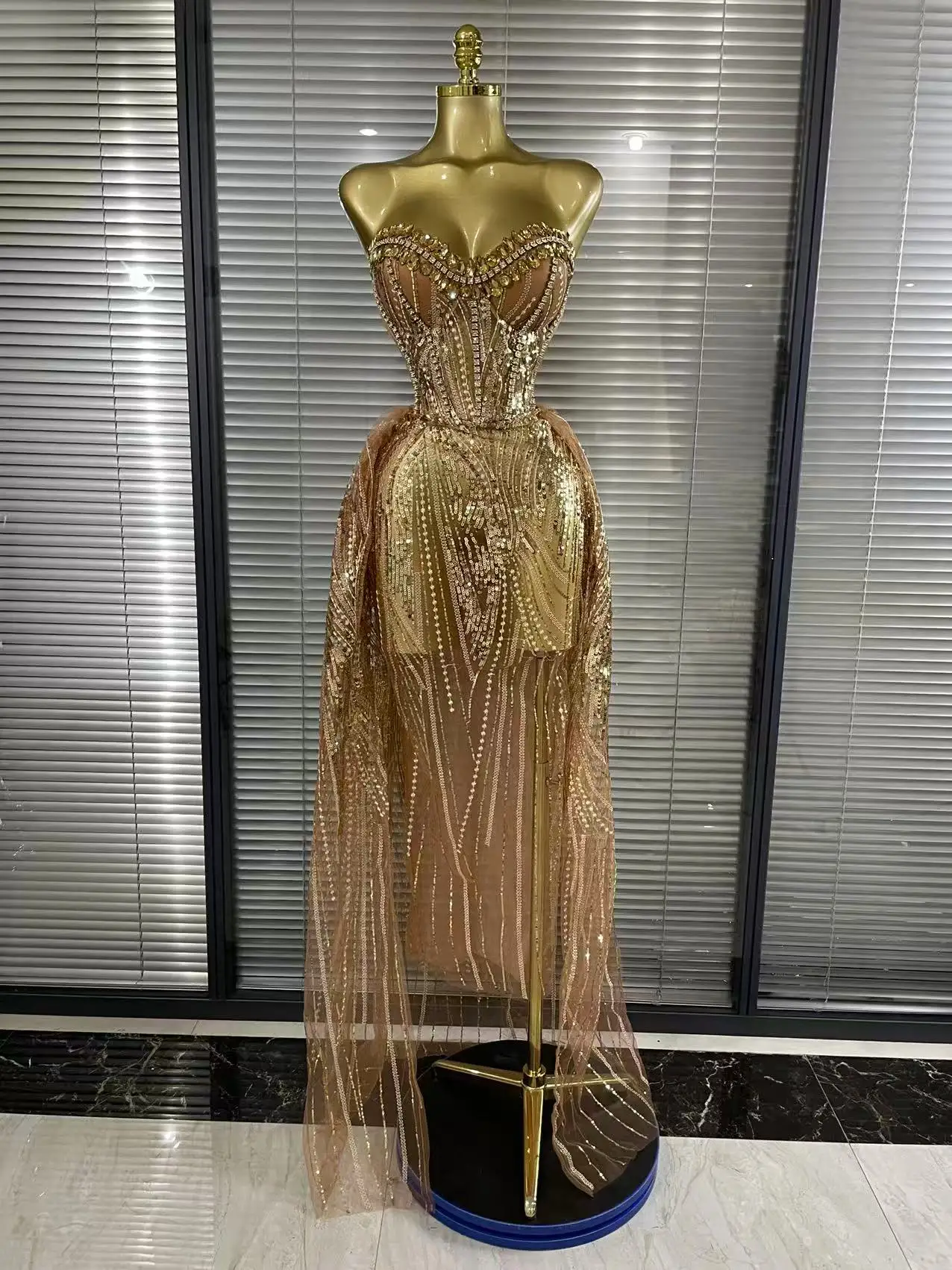 Women Sexy Strapless Mesh Crystal Maxi Dress See Through Party Singer Maxi Dress Stage Performance Costume