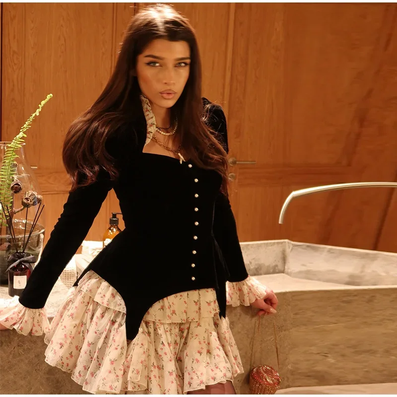 Club Floral Print Patchwork Women's Dress Sexy Long Flare Sleeve V-neck Female Mini Dresses 2026 Spring Summer Pearl Lady Robe