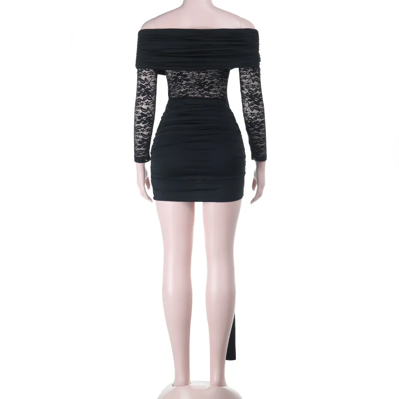 Townlike Pleated Slim Bodycon Dress Women Off Shoulder Mini 2025 Summer Dress Lace Patchwork Nightclub Sexy Party Dresses