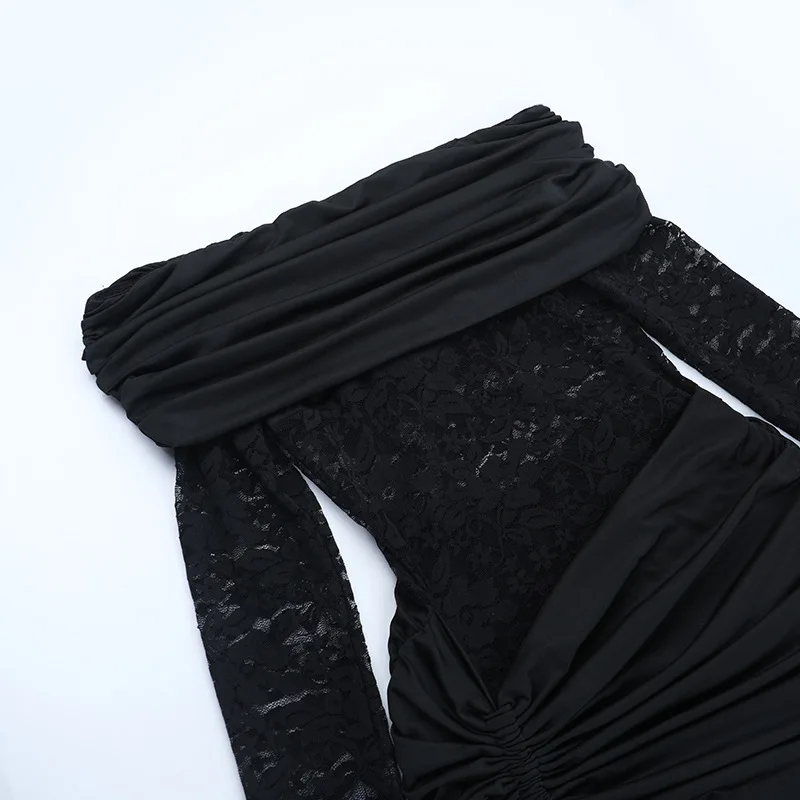 Townlike Pleated Slim Bodycon Dress Women Off Shoulder Mini 2025 Summer Dress Lace Patchwork Nightclub Sexy Party Dresses