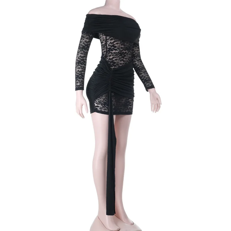 Townlike Pleated Slim Bodycon Dress Women Off Shoulder Mini 2025 Summer Dress Lace Patchwork Nightclub Sexy Party Dresses