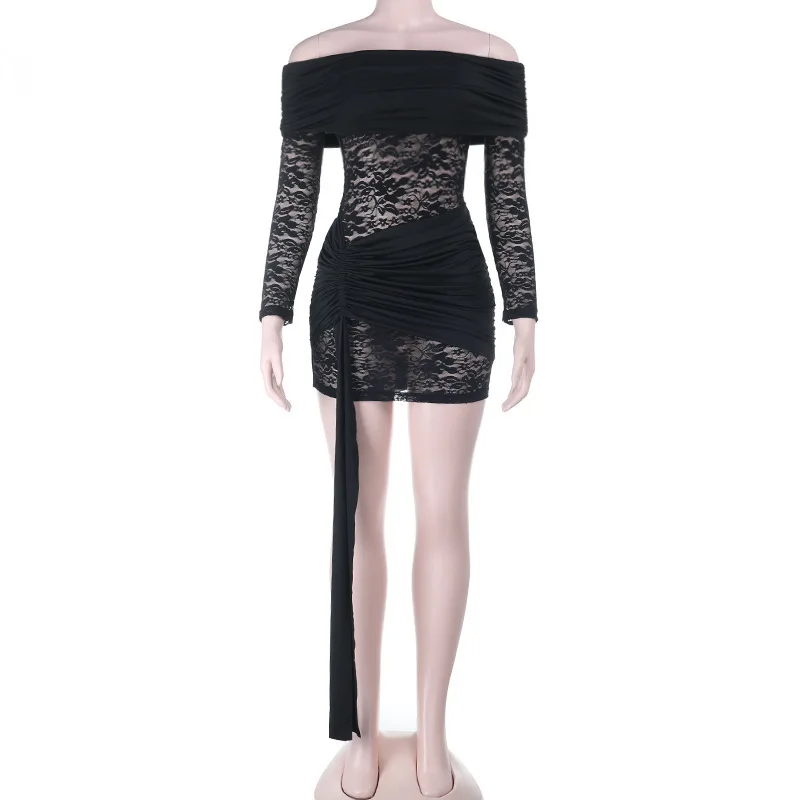 Townlike Pleated Slim Bodycon Dress Women Off Shoulder Mini 2025 Summer Dress Lace Patchwork Nightclub Sexy Party Dresses
