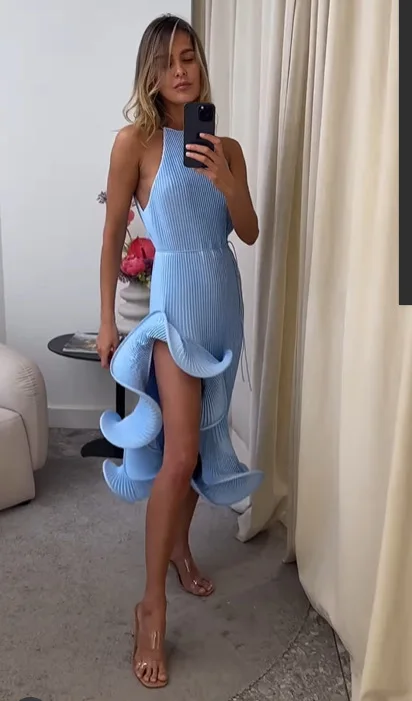 Elegant Women's Halter Maxi Dress Sexy Sleeveless Ruffled Irregular High Slit Slim Dresses Romantic Wedding Guest Party Vestidos
