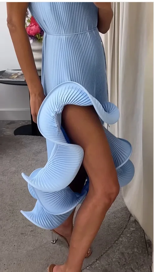 Elegant Women's Halter Maxi Dress Sexy Sleeveless Ruffled Irregular High Slit Slim Dresses Romantic Wedding Guest Party Vestidos