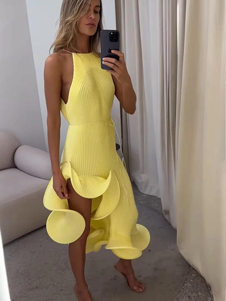 Elegant Women's Halter Maxi Dress Sexy Sleeveless Ruffled Irregular High Slit Slim Dresses Romantic Wedding Guest Party Vestidos