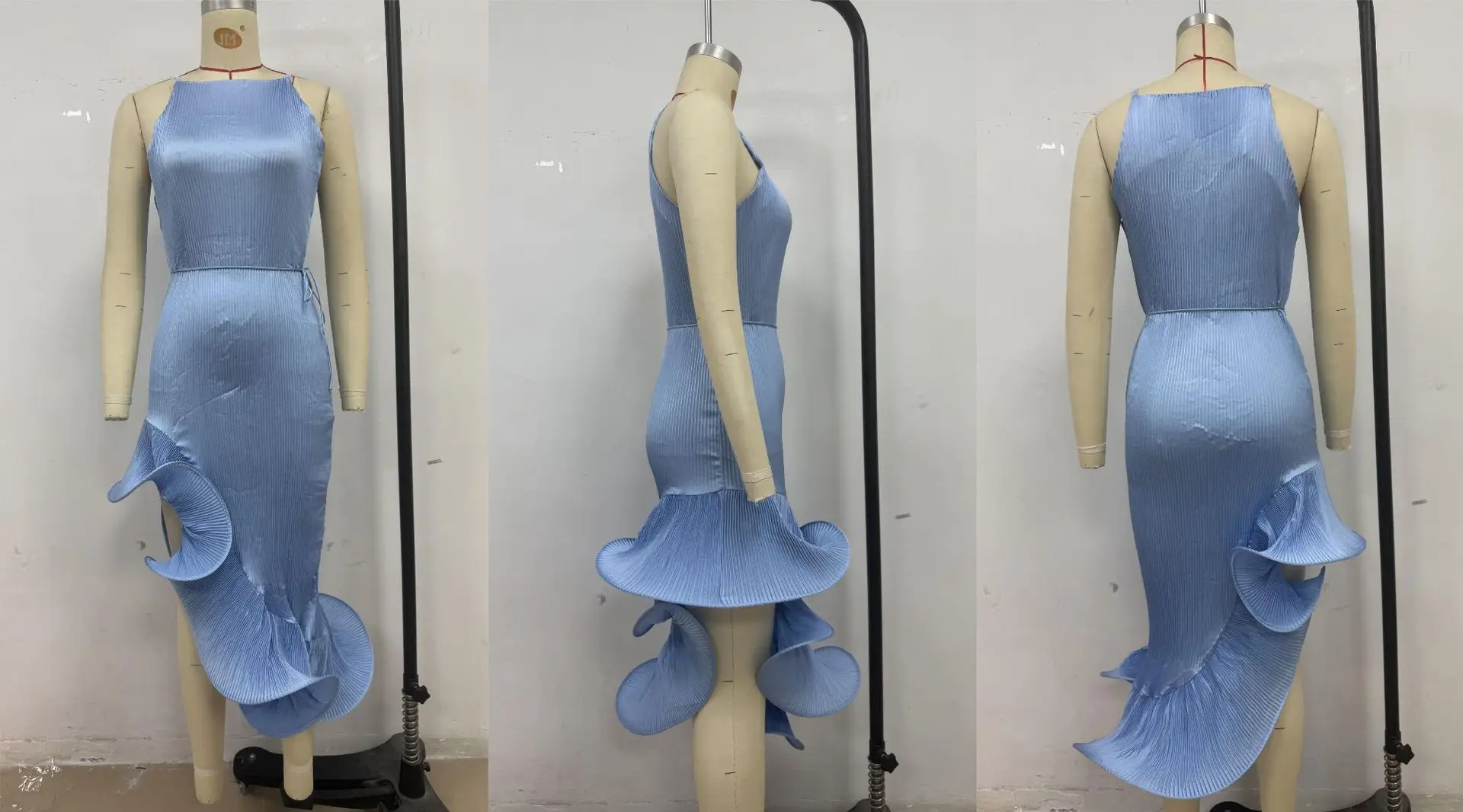 Elegant Women's Halter Maxi Dress Sexy Sleeveless Ruffled Irregular High Slit Slim Dresses Romantic Wedding Guest Party Vestidos