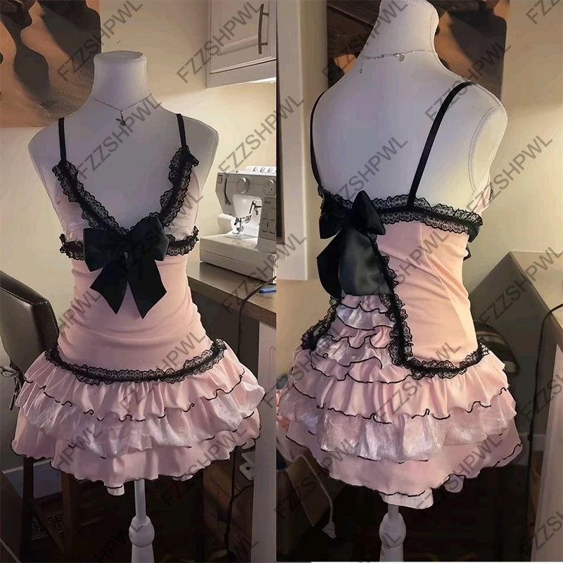 Streetwear Y2K Dress Bowknot Harajuku Vintage vibe Lace Pleated skirt Fashion Sweet style Braces skirt Gothic Mini Skirt Hip Hop