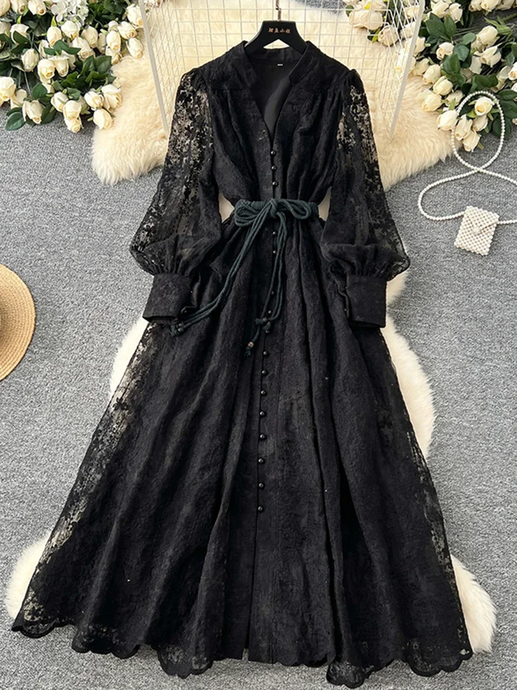 Spring Autumn French High-end Women's Dress New Lace Embroidery V-neck Lantern Sleeves Single Breasted Party Birthday Dress C192
