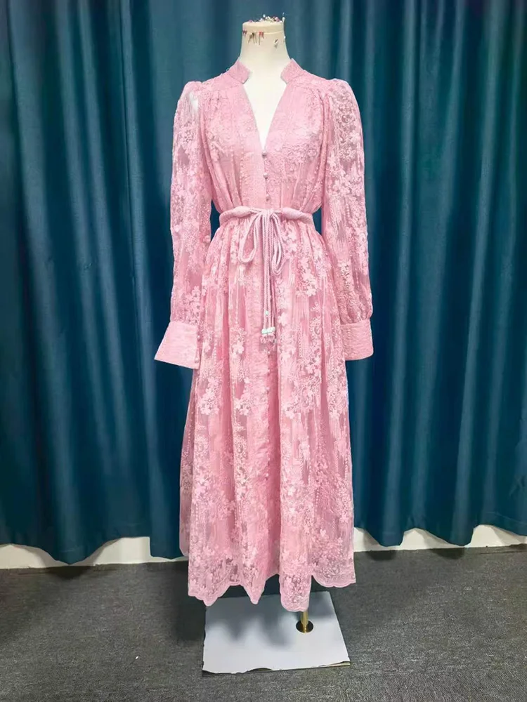 Spring Autumn French High-end Women's Dress New Lace Embroidery V-neck Lantern Sleeves Single Breasted Party Birthday Dress C192