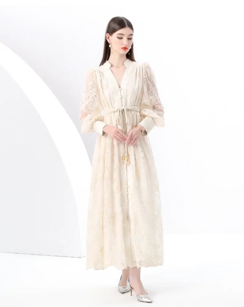 Spring Autumn French High-end Women's Dress New Lace Embroidery V-neck Lantern Sleeves Single Breasted Party Birthday Dress C192