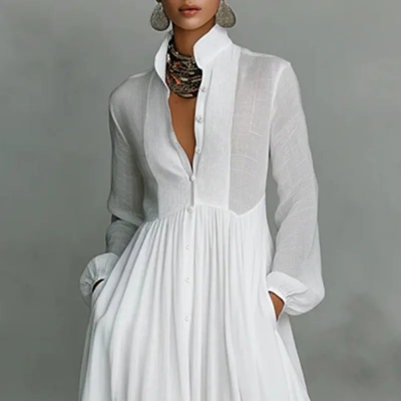 French Elegant High Waist Swing Long Dress Woman Spring Solid Pockets Pleated Maxi Dress Autumn Long Sleeve Button Evening Dress