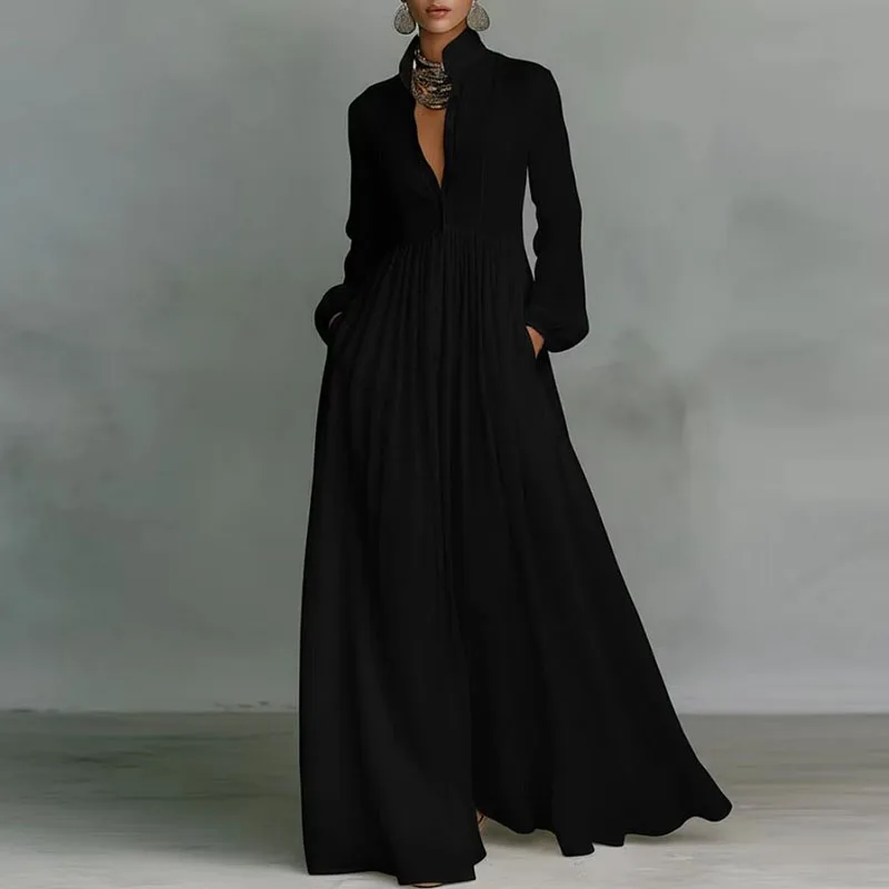 French Elegant High Waist Swing Long Dress Woman Spring Solid Pockets Pleated Maxi Dress Autumn Long Sleeve Button Evening Dress