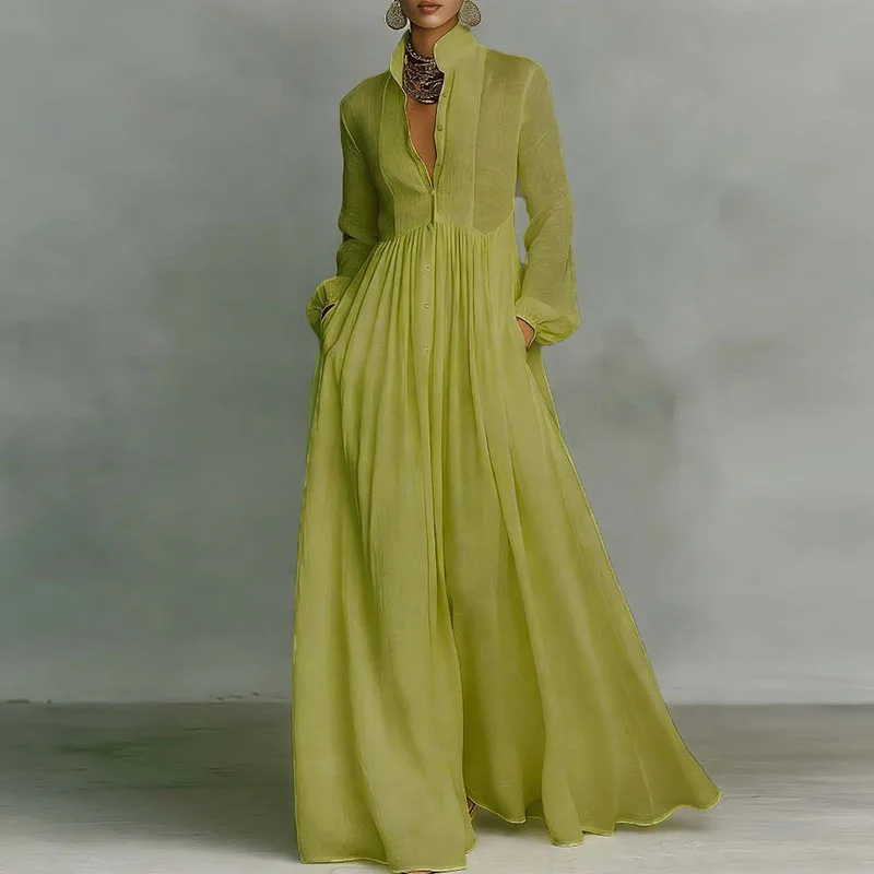 French Elegant High Waist Swing Long Dress Woman Spring Solid Pockets Pleated Maxi Dress Autumn Long Sleeve Button Evening Dress
