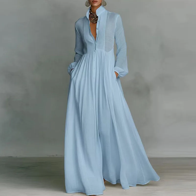 French Elegant High Waist Swing Long Dress Woman Spring Solid Pockets Pleated Maxi Dress Autumn Long Sleeve Button Evening Dress