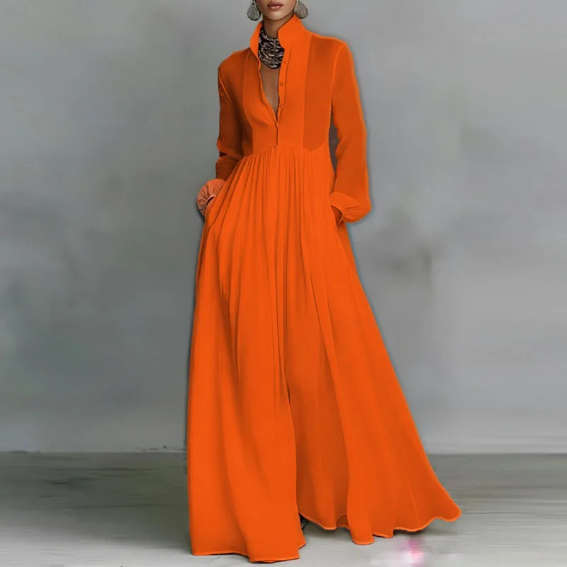 French Elegant High Waist Swing Long Dress Woman Spring Solid Pockets Pleated Maxi Dress Autumn Long Sleeve Button Evening Dress