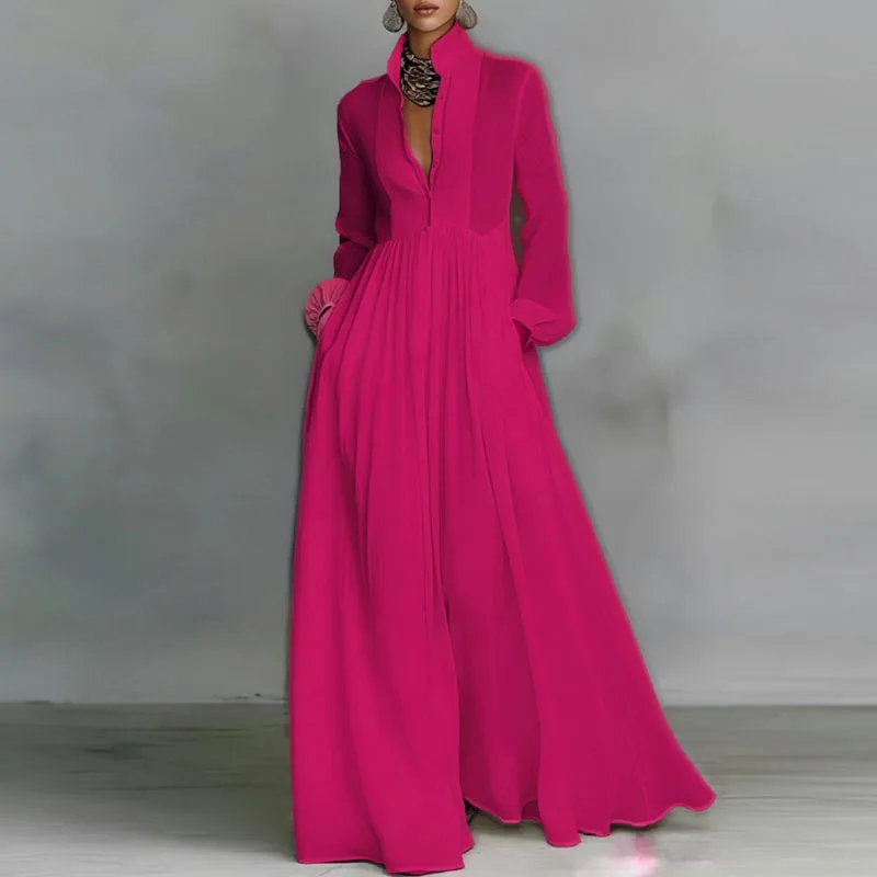 French Elegant High Waist Swing Long Dress Woman Spring Solid Pockets Pleated Maxi Dress Autumn Long Sleeve Button Evening Dress