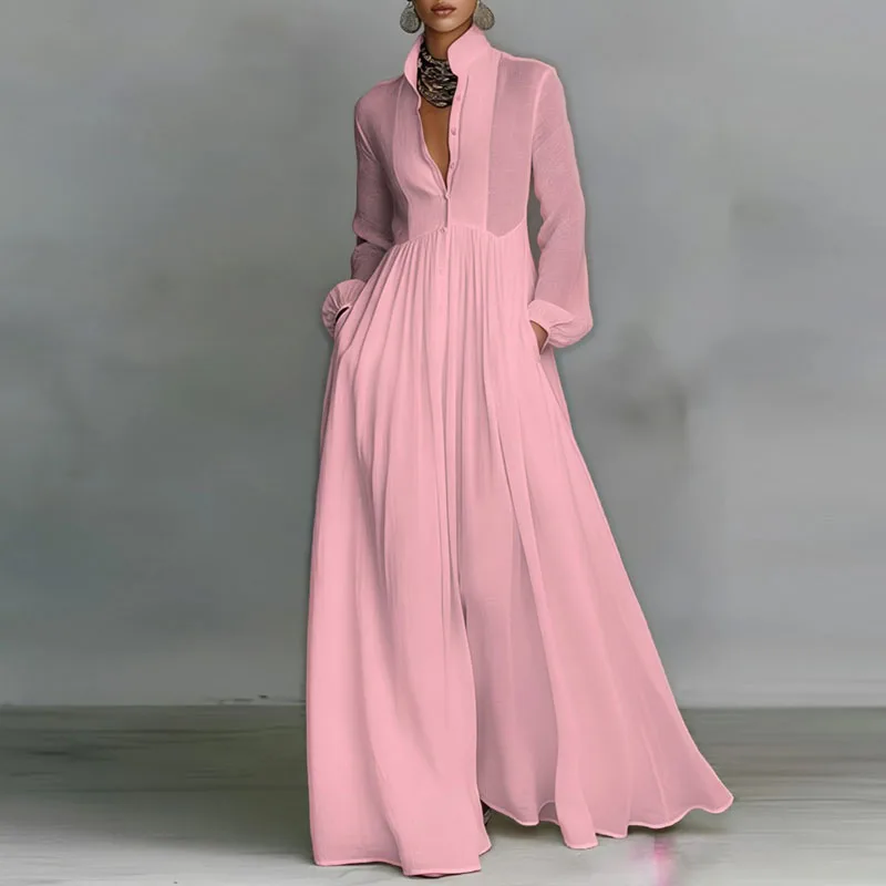 French Elegant High Waist Swing Long Dress Woman Spring Solid Pockets Pleated Maxi Dress Autumn Long Sleeve Button Evening Dress