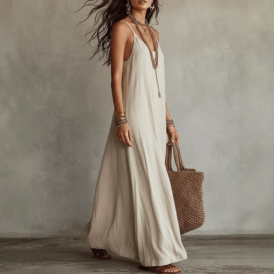 Backless Cami Dresses Summer Women Boho Dress Spaghetti Strap Sleeveless Casual Maxi Dress Long Sundress Holiday Beach Wear