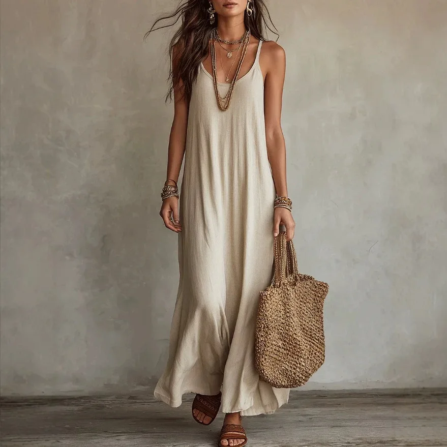 Backless Cami Dresses Summer Women Boho Dress Spaghetti Strap Sleeveless Casual Maxi Dress Long Sundress Holiday Beach Wear