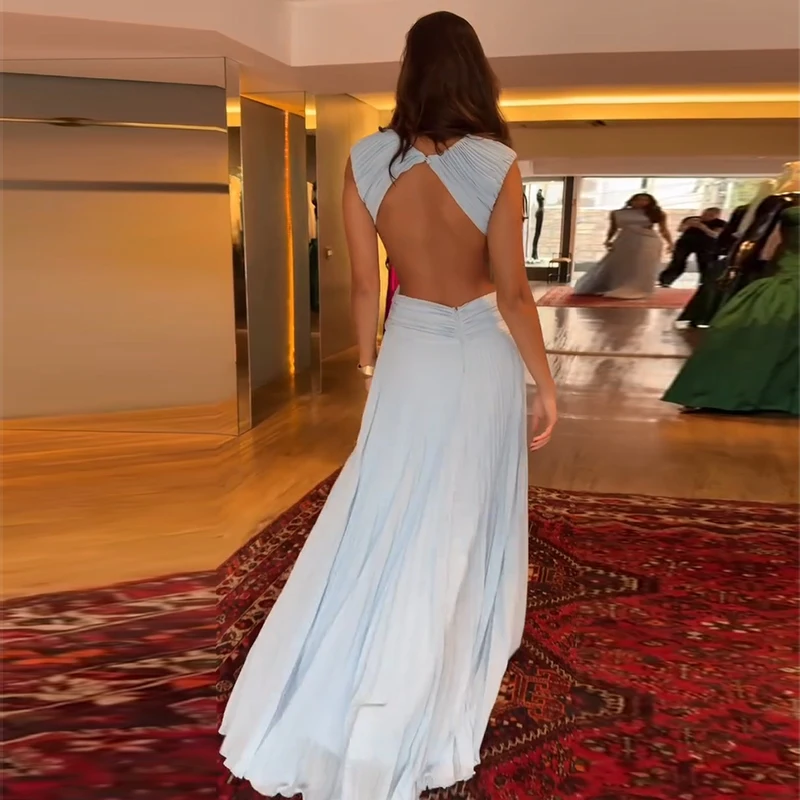 Sexy Hollow Out Long Party Dress Women Pleated Sleeveless Backless A-line Beach Dresses 2026 Summer Lady Chic Solid Holiday Robe