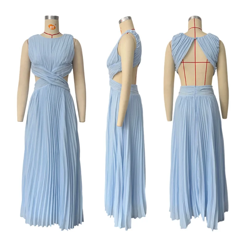 Sexy Hollow Out Long Party Dress Women Pleated Sleeveless Backless A-line Beach Dresses 2026 Summer Lady Chic Solid Holiday Robe