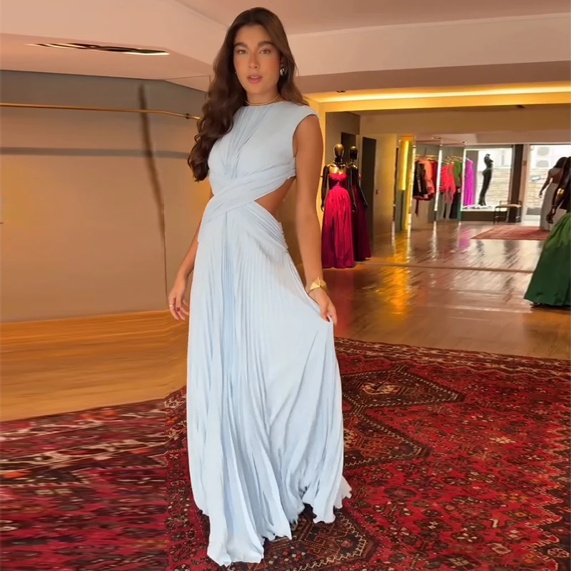 Sexy Hollow Out Long Party Dress Women Pleated Sleeveless Backless A-line Beach Dresses 2026 Summer Lady Chic Solid Holiday Robe