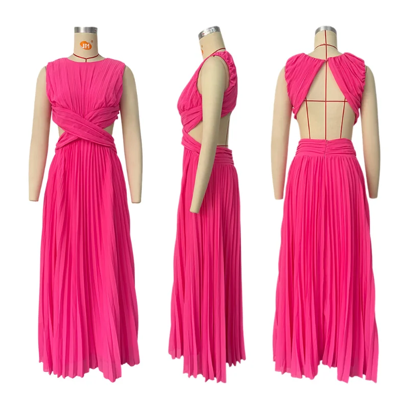 Sexy Hollow Out Long Party Dress Women Pleated Sleeveless Backless A-line Beach Dresses 2026 Summer Lady Chic Solid Holiday Robe