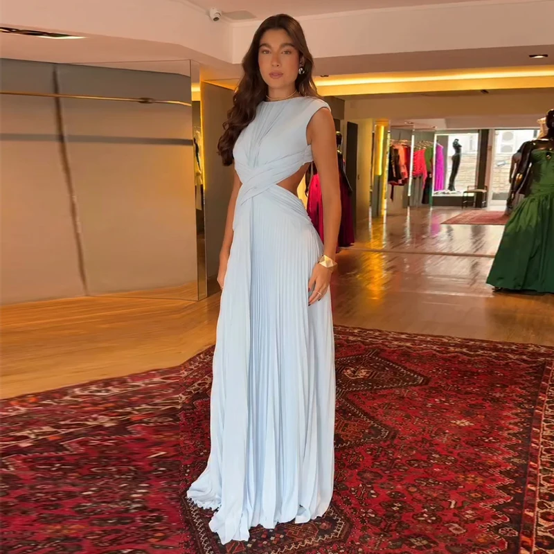 Sexy Hollow Out Long Party Dress Women Pleated Sleeveless Backless A-line Beach Dresses 2026 Summer Lady Chic Solid Holiday Robe