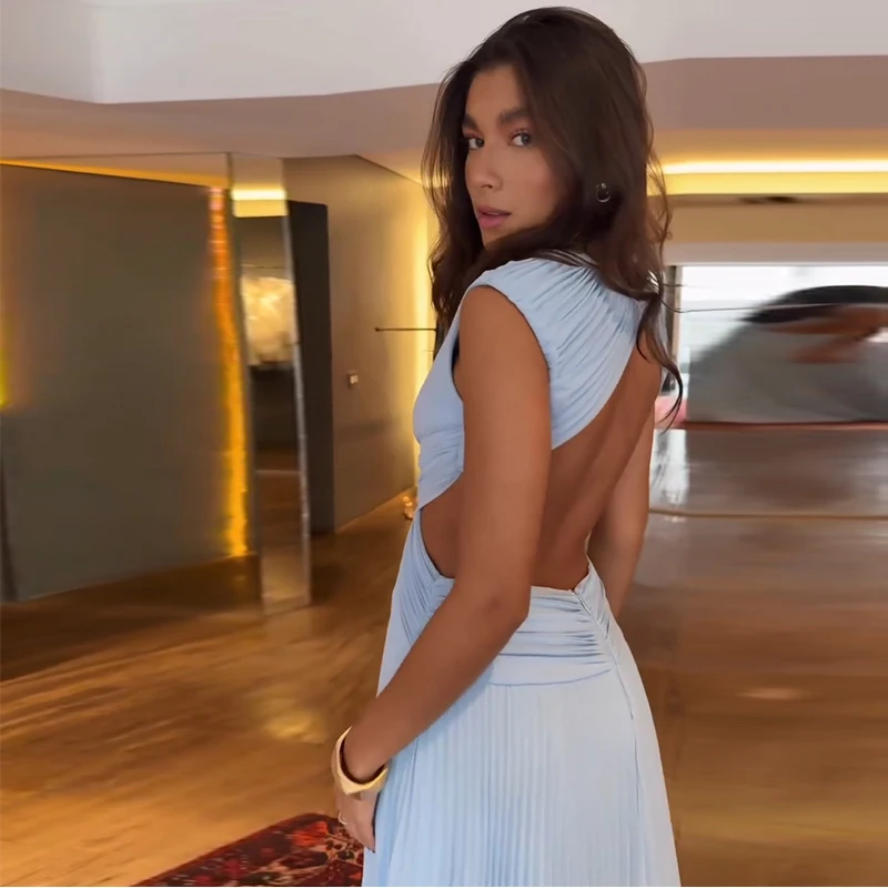 Sexy Hollow Out Long Party Dress Women Pleated Sleeveless Backless A-line Beach Dresses 2026 Summer Lady Chic Solid Holiday Robe