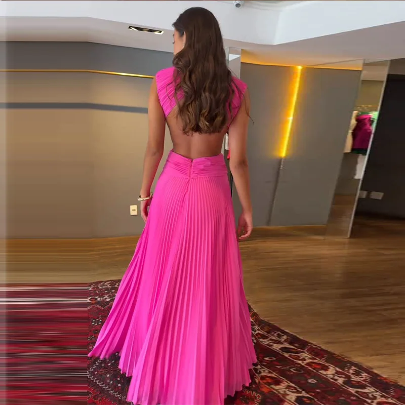 Sexy Hollow Out Long Party Dress Women Pleated Sleeveless Backless A-line Beach Dresses 2026 Summer Lady Chic Solid Holiday Robe