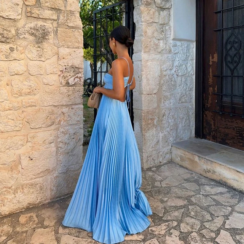 Sexy Hollow Out Long Party Dress Women Pleated Sleeveless Backless A-line Beach Dresses 2026 Summer Lady Chic Solid Holiday Robe