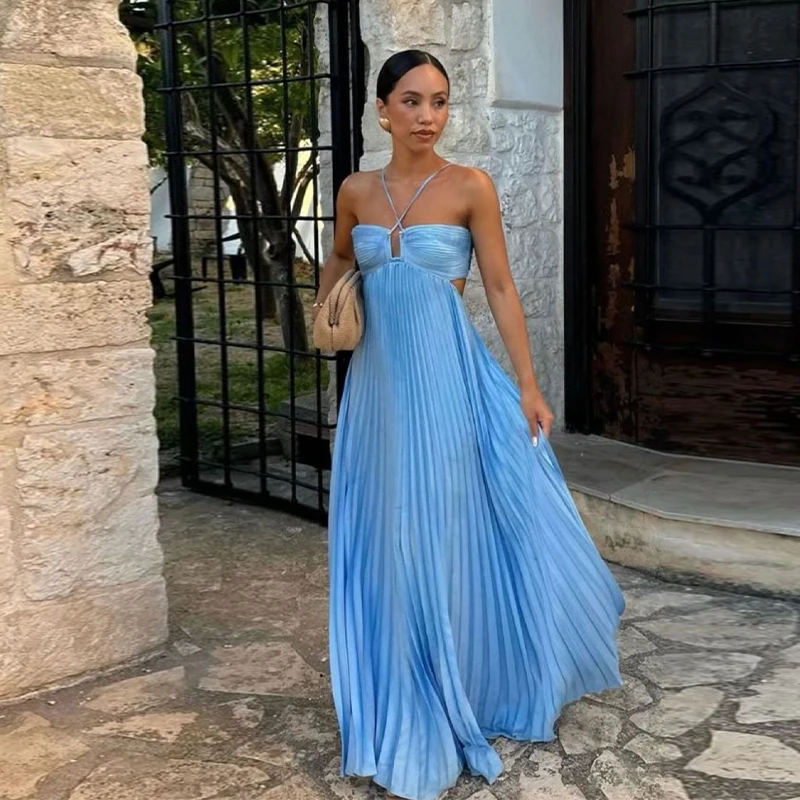 Sexy Hollow Out Long Party Dress Women Pleated Sleeveless Backless A-line Beach Dresses 2026 Summer Lady Chic Solid Holiday Robe