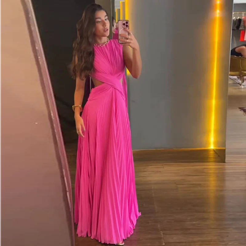 Sexy Hollow Out Long Party Dress Women Pleated Sleeveless Backless A-line Beach Dresses 2026 Summer Lady Chic Solid Holiday Robe