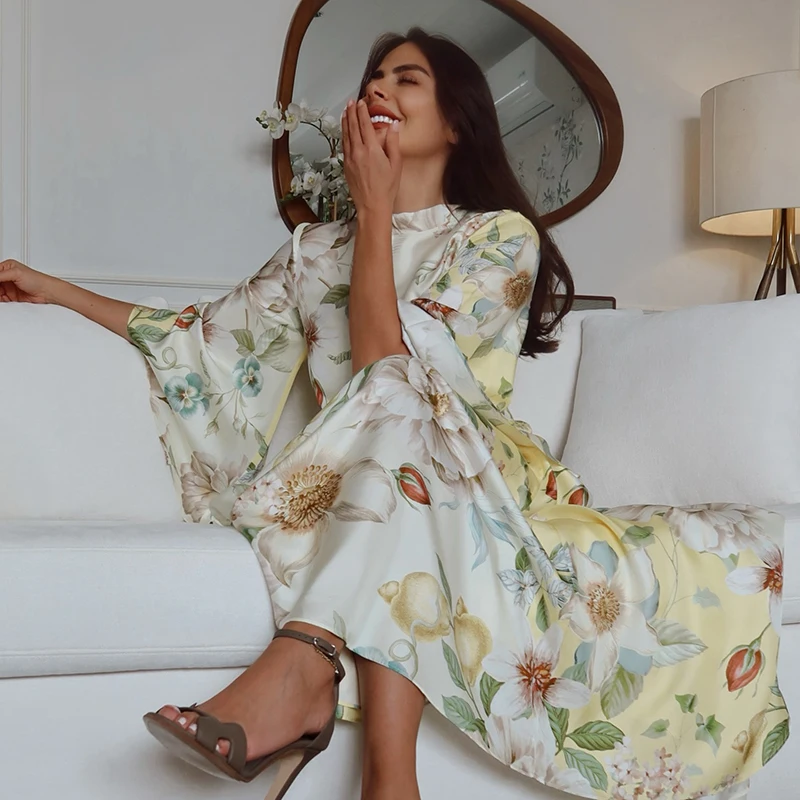 Floral Print Women Dress Button Down Mock Neck Maxi Dresses Long Lantern Sleeve A-Line Waist Belt Flared Hem Elegant Streetwear